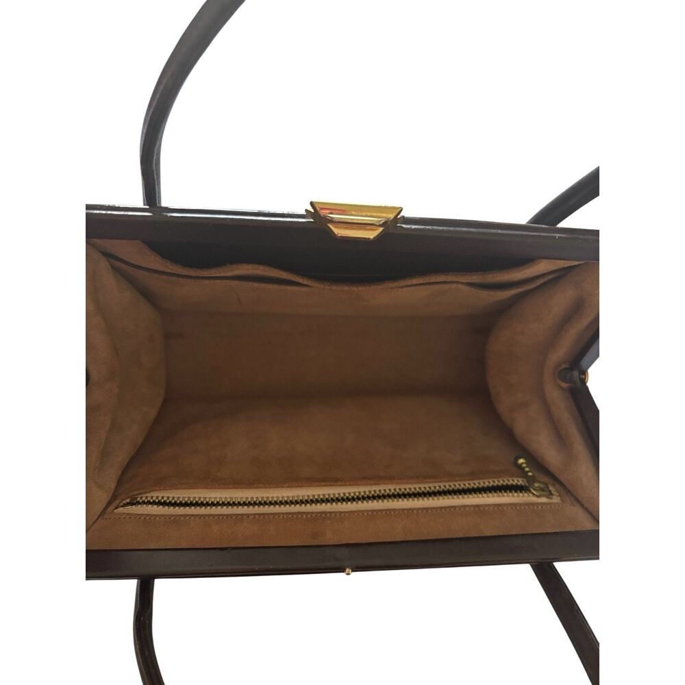 Waldybag Classic Dainty Dark Chestnut Brown Patent Leather Top Handles Bag 1950s - Picture 2 of 13